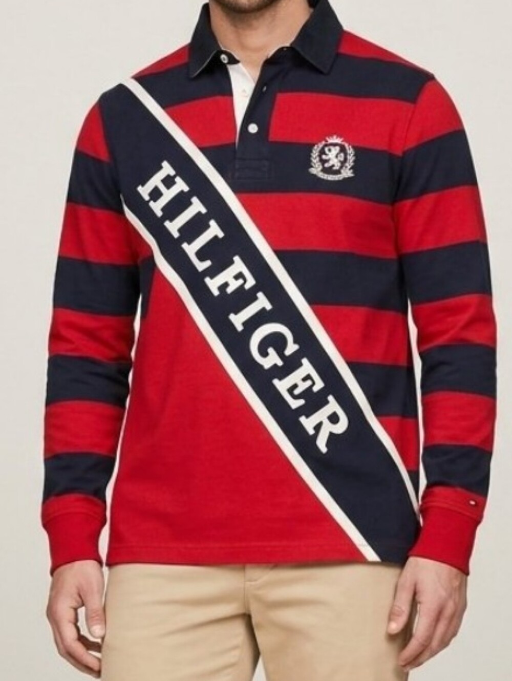 Vintage 90s Tommy Hilfiger Red & Navy Rugby Long Sleeve Polo Shirt